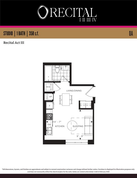 Floor plan for studio, 1 bath, 358 sqft